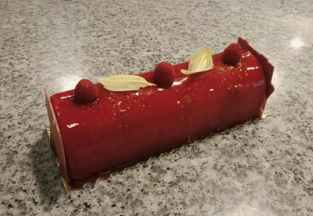 Atelier bûche nougat framboise, décor en chocolat